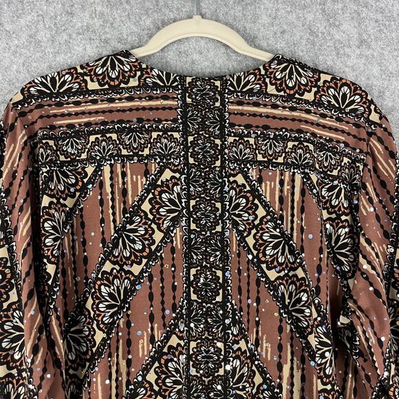 Bob Mackie Jersey Top Womens XL Brown Printed Sequins Button Front Stretch Artsy - Picture 12 of 16